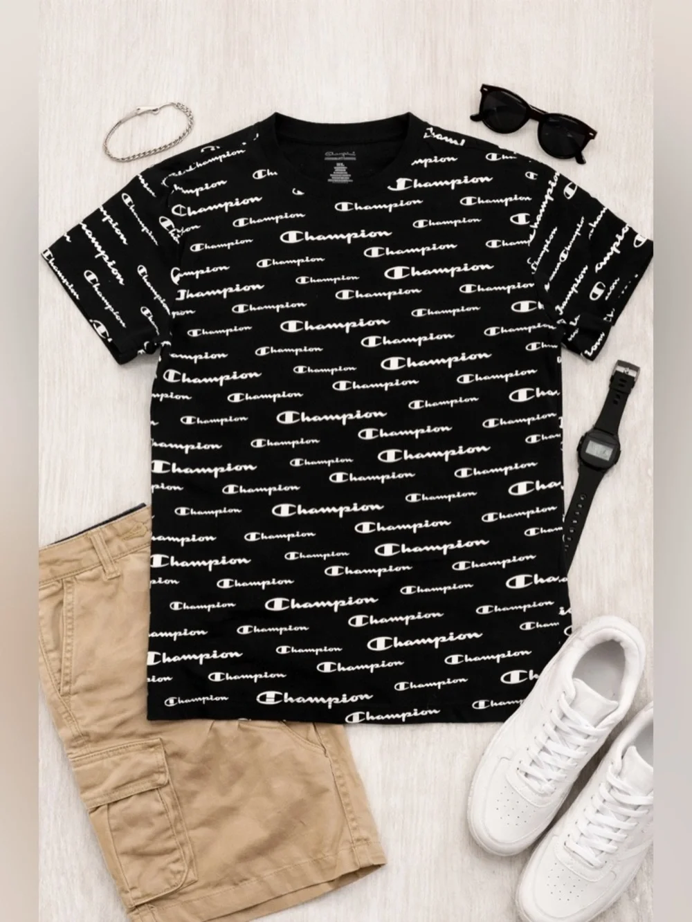 Champion All Over Logo Print T-Shirt Men’s 2XL Black White Graphic Tee - Picture 2 of 9